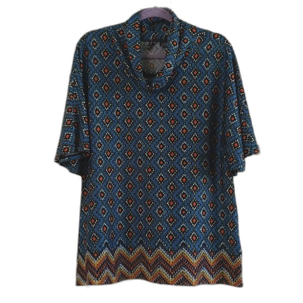 New Directions Blue Geometric Flutter Sleeve Top Women's XL
